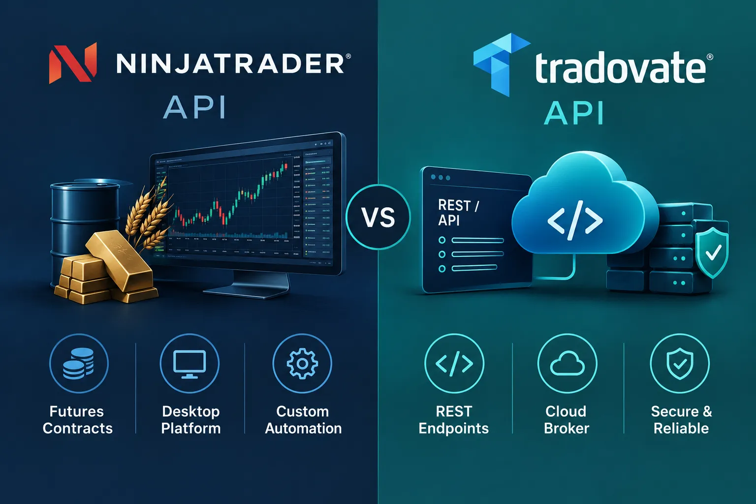 Split graphic in blue and teal comparing the NinjaTrader API (futures contracts, desktop platform, custom automation) with the Tradovate API (REST endpoints, cloud broker, secure and reliable).