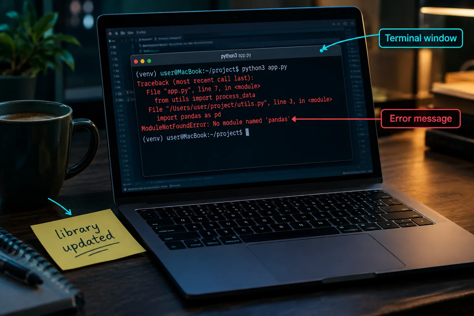 Dark photo of a laptop terminal showing a Python ModuleNotFoundError traceback, with a sticky note reading library updated.