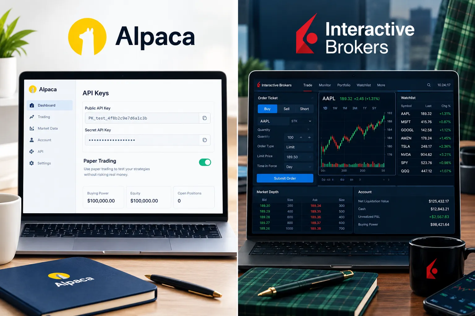 Side-by-side laptop screens in a green plaid setting: Alpaca's API keys page with a paper trading toggle, and an Interactive Brokers trading terminal.