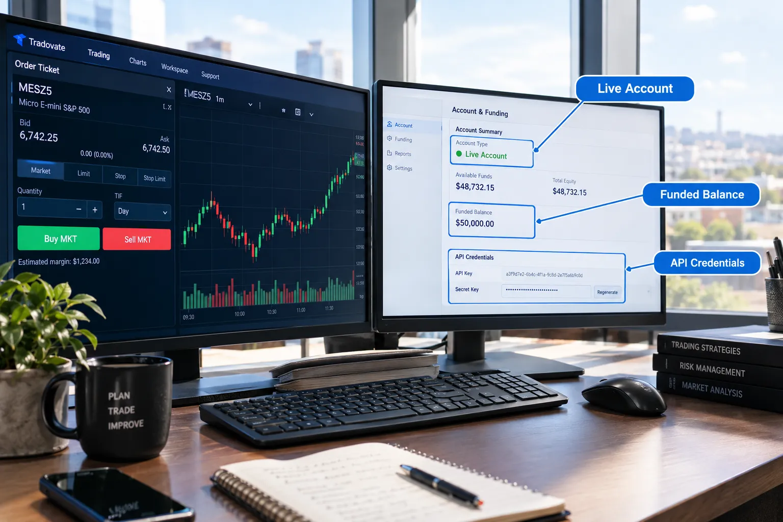 Stock-style photo of a two-monitor futures desk with an order ticket and chart, and callouts for live account, funded balance and API credentials.
