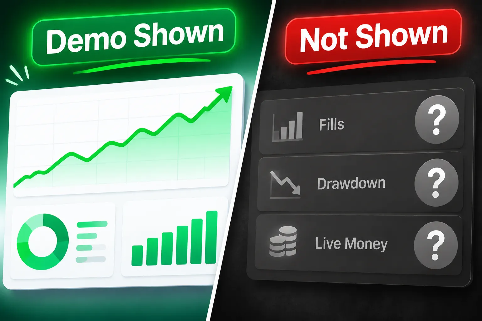 Split panel contrasting what the demos showed with fills, drawdown and live money left out