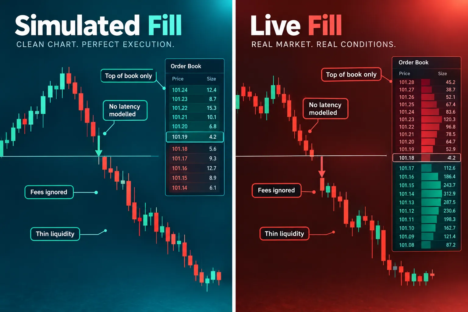 Side-by-side chart graphic labeled Simulated Fill in teal and Live Fill in red, with an order book on each and notes on no latency modeled, fees ignored and thin liquidity.