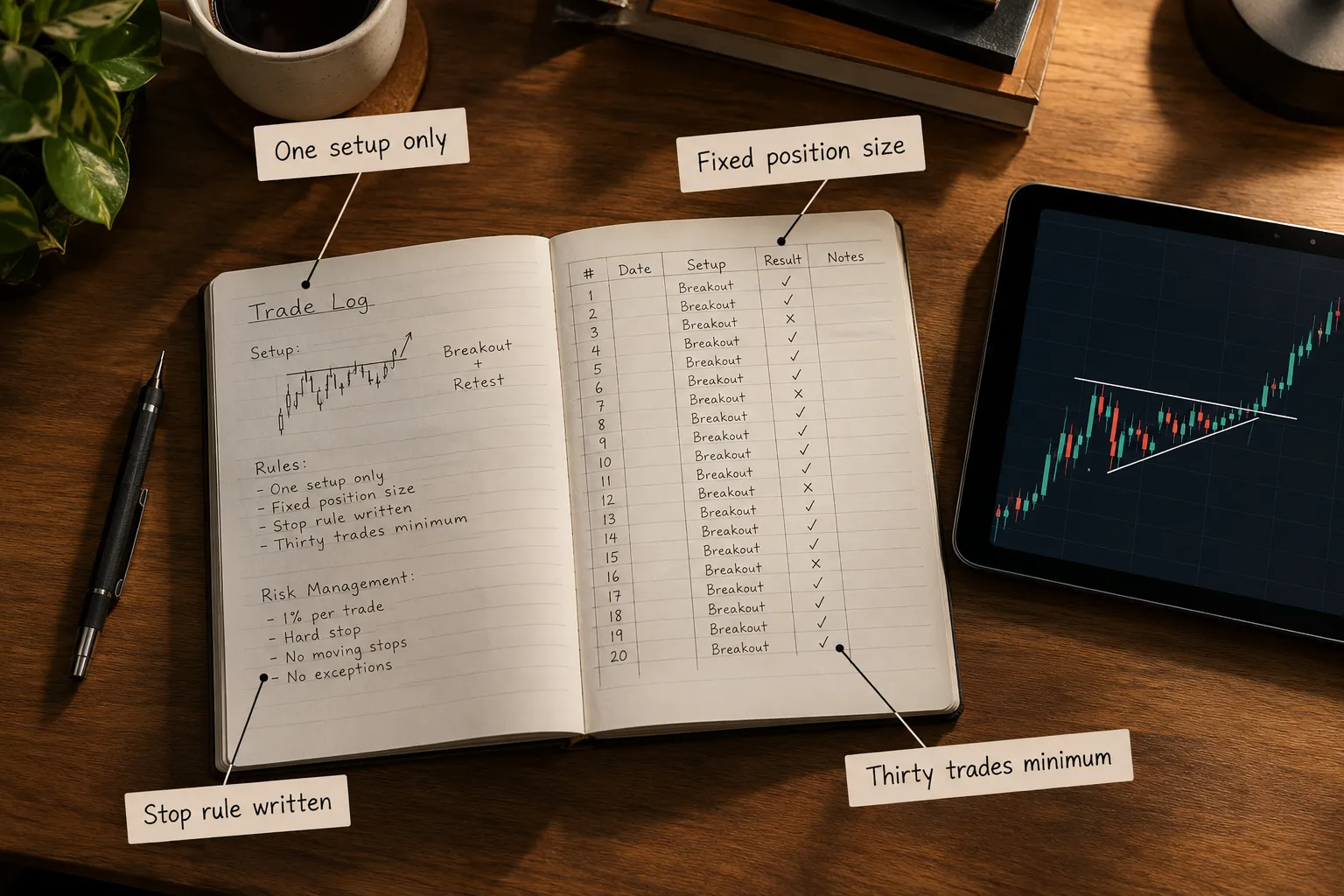 Photo of an open trade log notebook beside a tablet chart, with notes reading one setup only, fixed position size, stop rule written and thirty trades minimum.