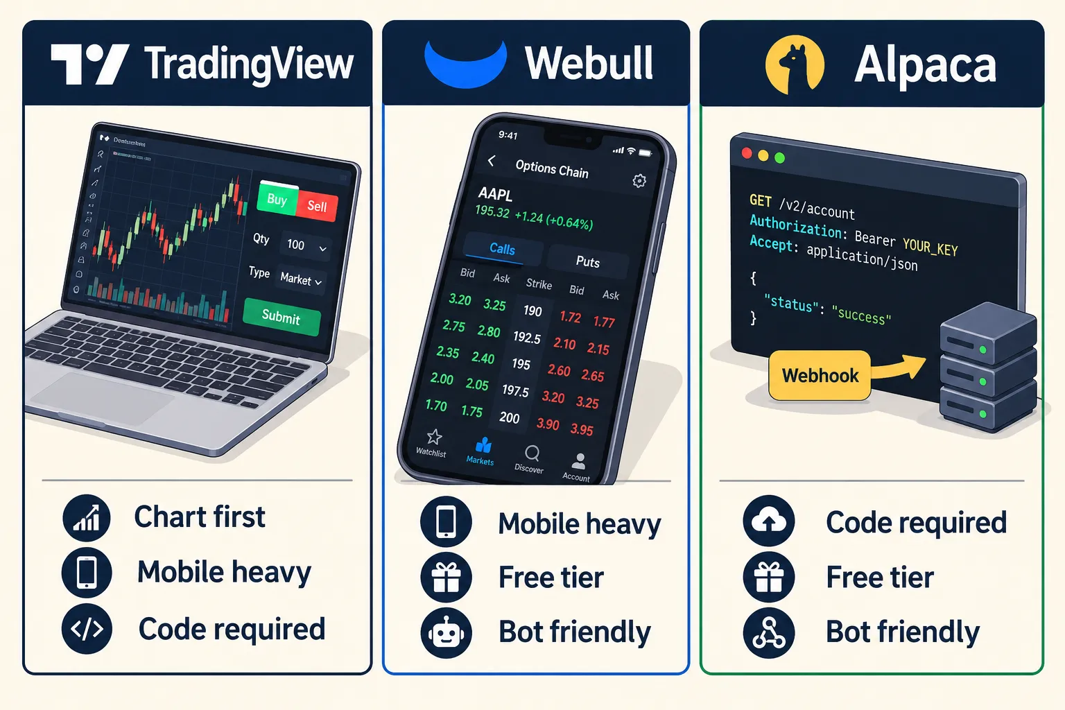 Three-panel comparison of TradingView, Webull and Alpaca showing a chart window, a phone with an options chain and a terminal with an API request and webhook.