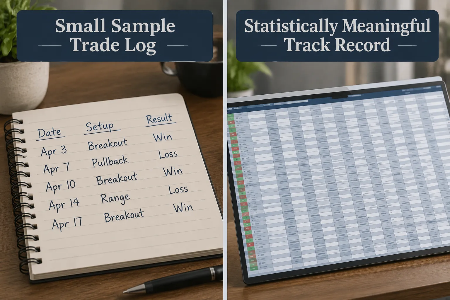 Split image: a handwritten notebook trade log labeled small sample next to a large spreadsheet labeled statistically meaningful track record.