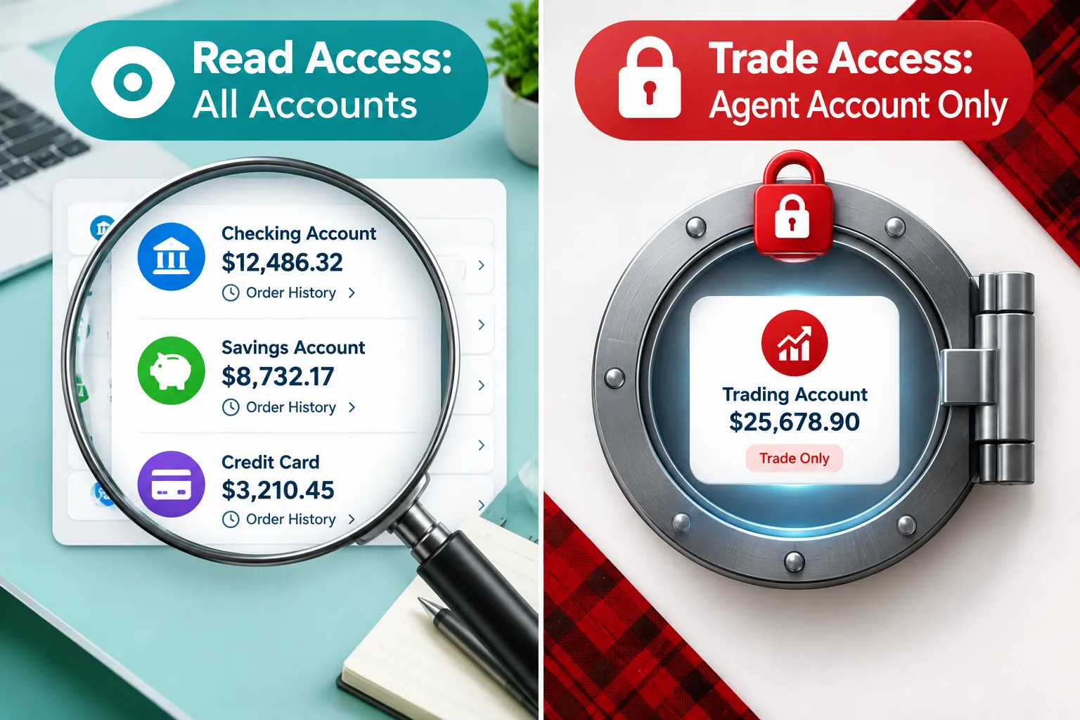 Split graphic: a teal Read Access panel with a magnifier over sample checking, savings and card balances, beside a red Trade Access panel locked to a single agent trading account.