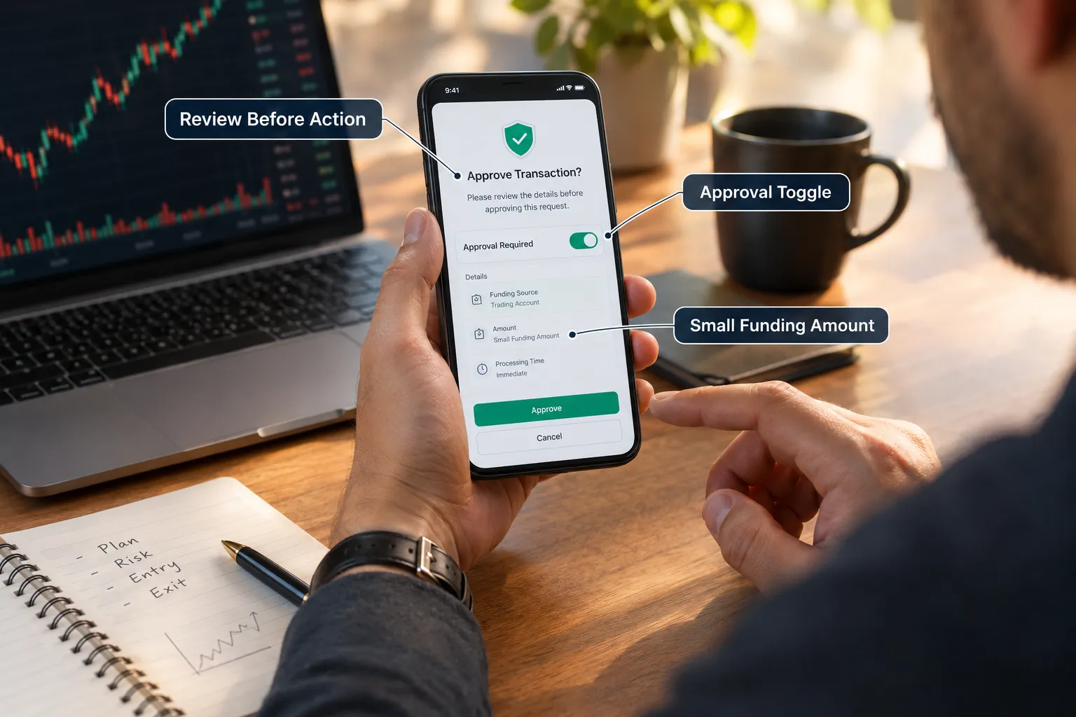 Stock-style photo of a hand holding a phone showing an approve transaction prompt, with labels for review before action, approval toggle and small funding amount.
