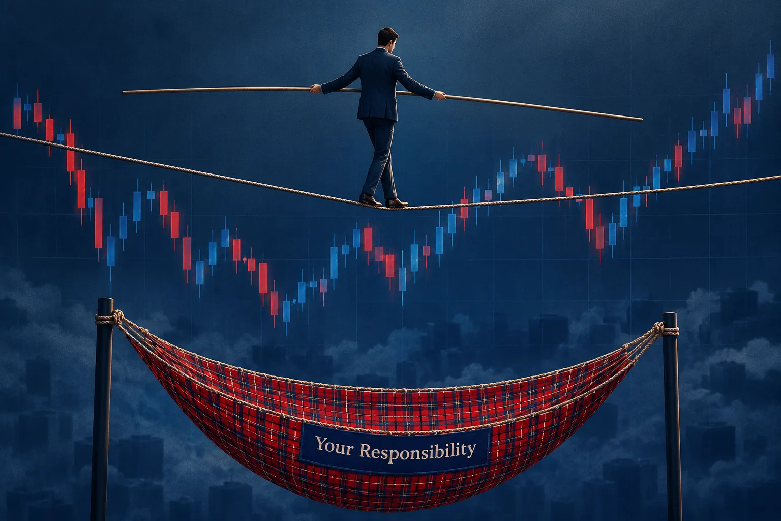 Illustration of a tightrope walker above a candlestick chart with a plaid safety net labeled your responsibility.