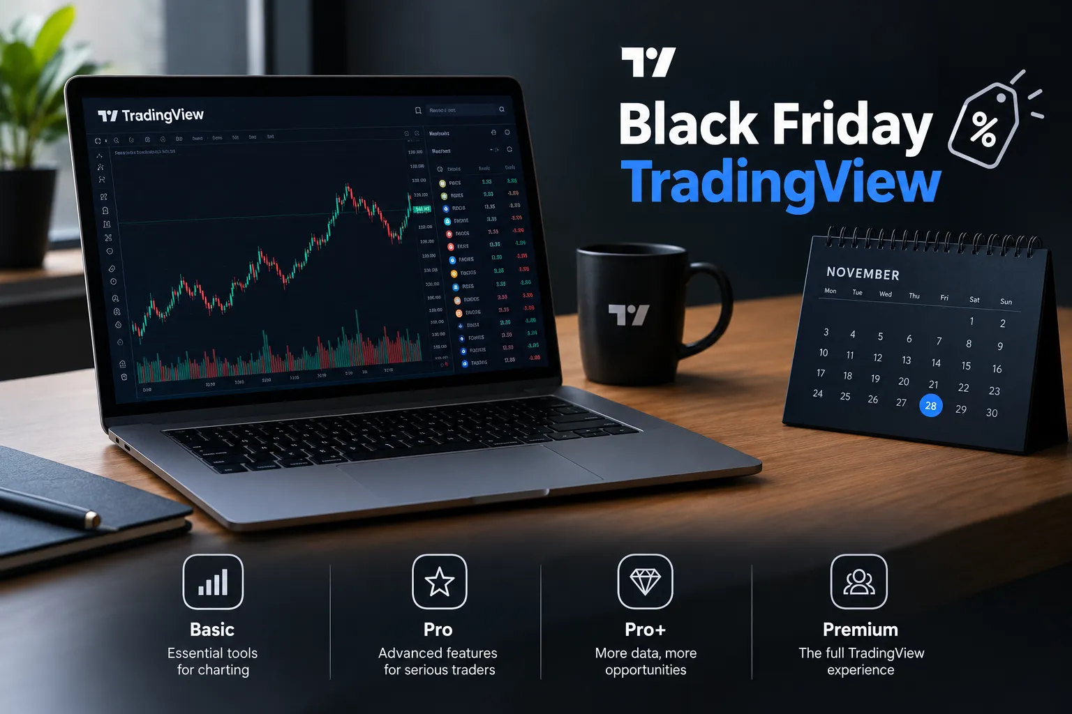 Dark desk scene with a laptop chart, a coffee mug and a calendar beside the words Black Friday TradingView, with four plan icons along the bottom.