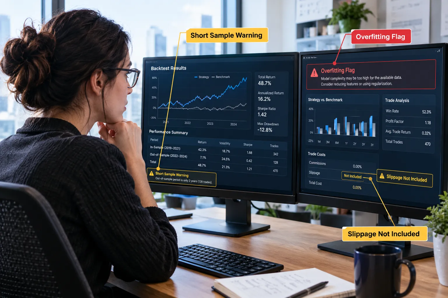 Backtest results screen flagged for short sample, overfitting and missing slippage