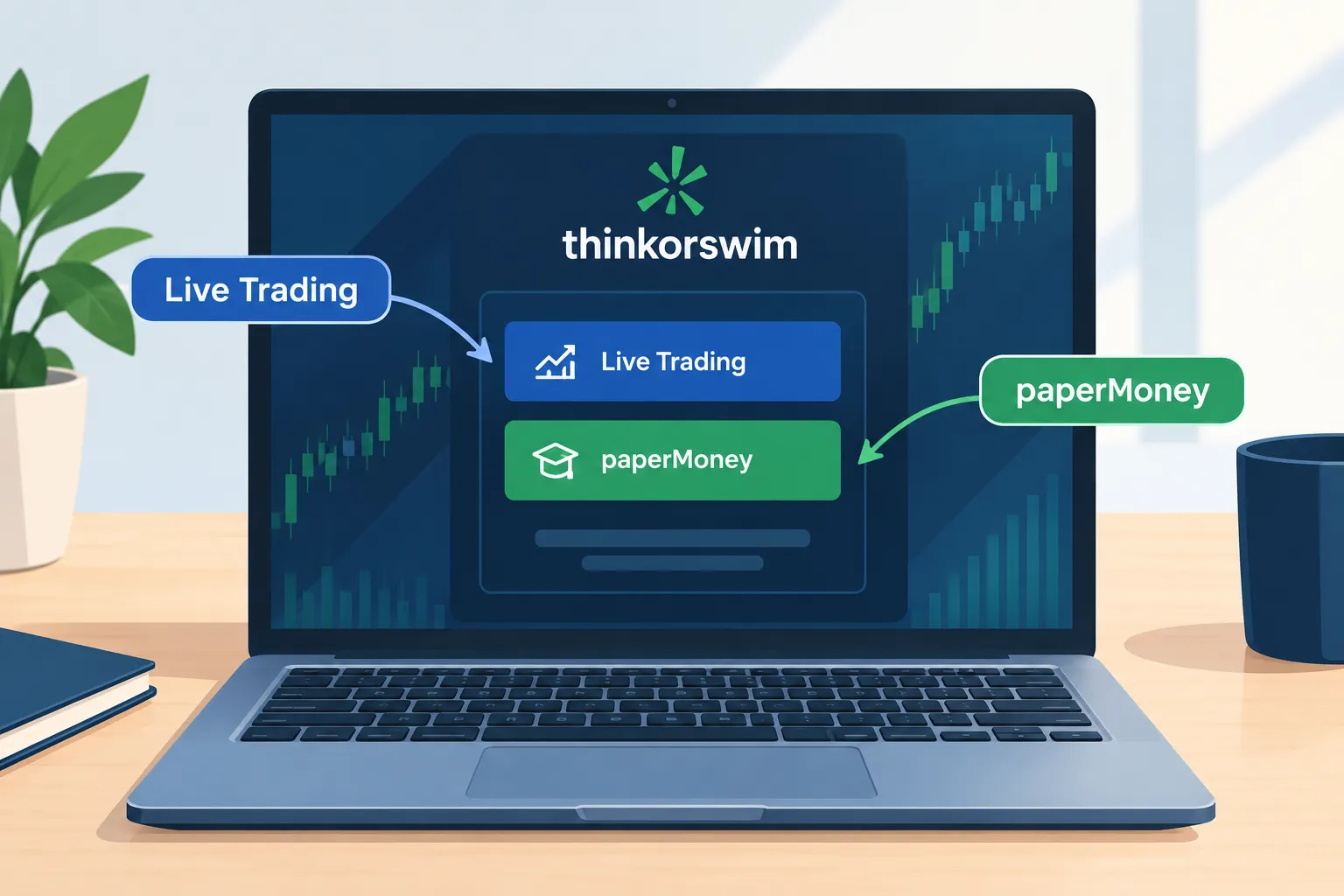 Flat illustration of a laptop showing the thinkorswim login with two choices, Live Trading and paperMoney, with arrows pointing to each.