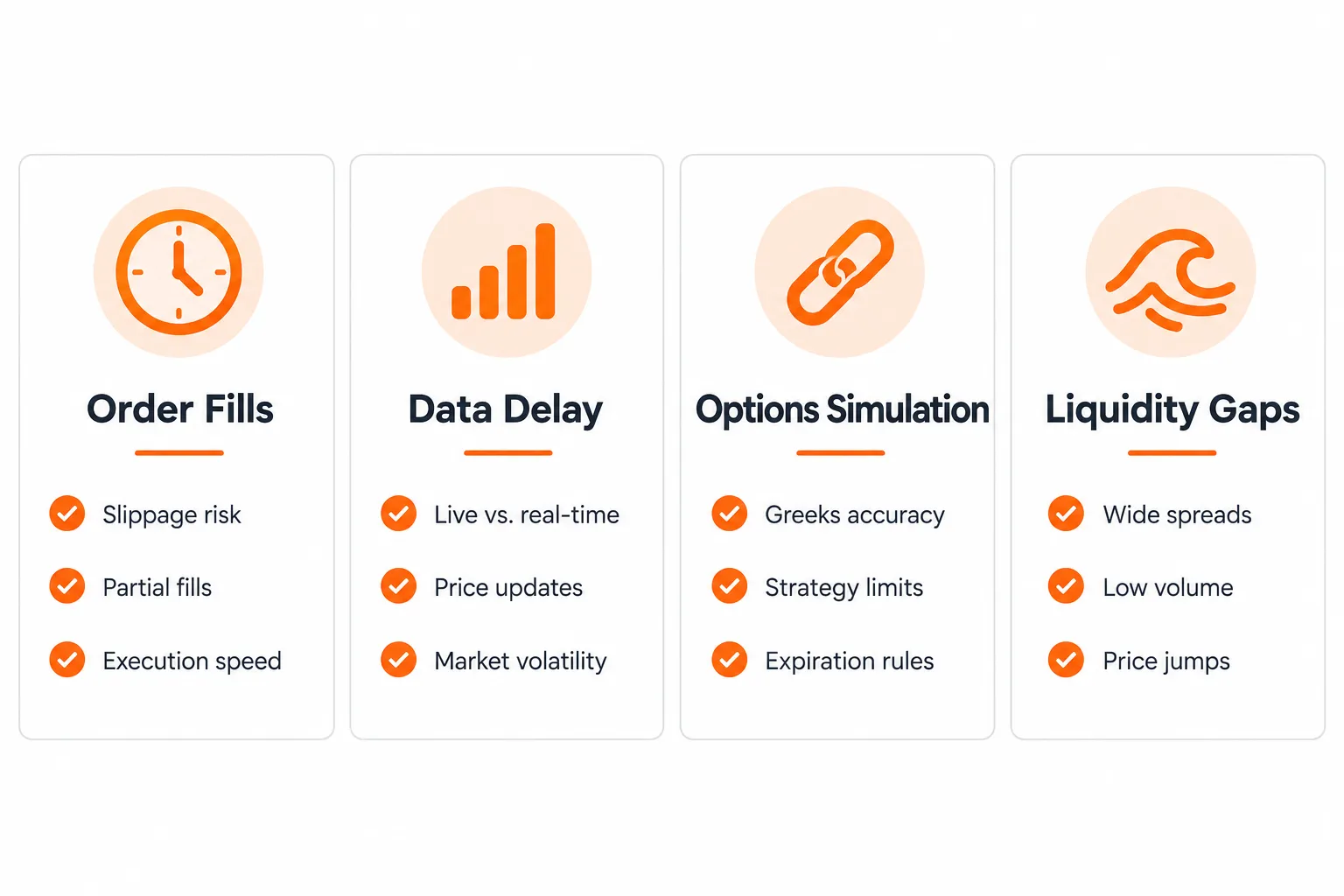 Four columns with orange icons listing simulator limits: order fills, data delay, options simulation and liquidity gaps, shown above the limits table.