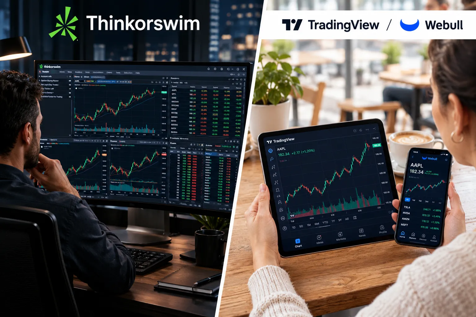 Photo of a trader at a multi-monitor desk with thinkorswim charts, next to a hand holding a tablet and phone with TradingView and Webull logos.