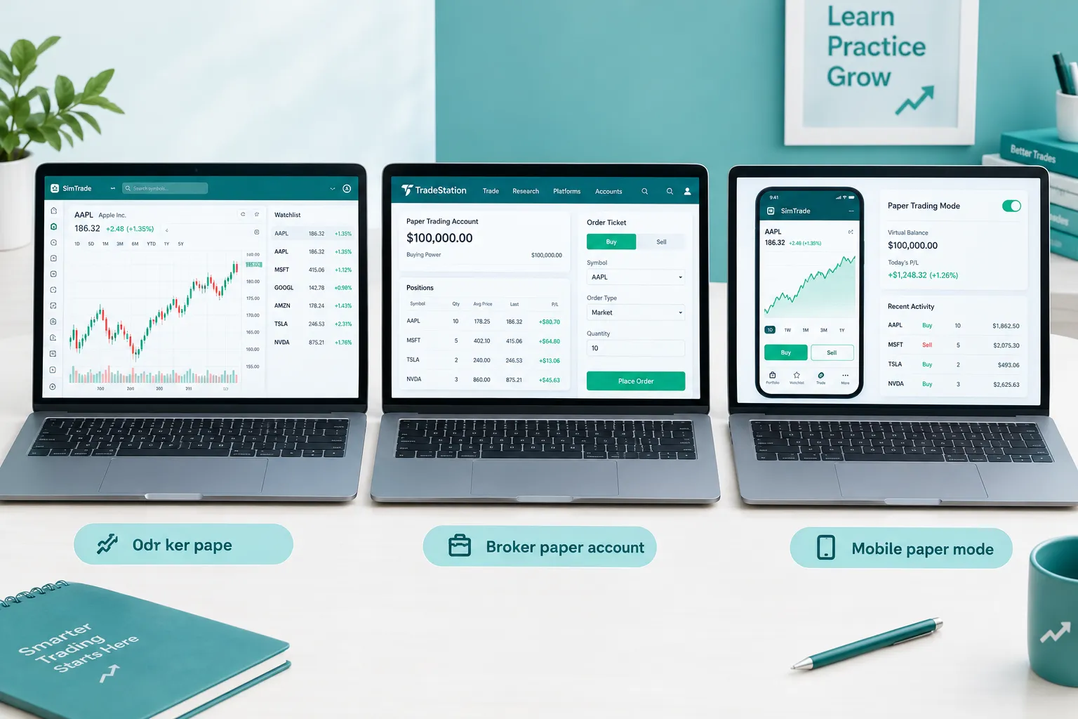 Three laptops in teal and white showing a chart-based simulator, a broker paper account and a mobile paper mode, with a notebook on the desk.