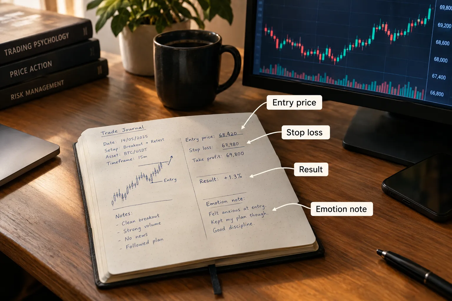Photo of an open trading journal on a wooden desk by a chart monitor, with callouts for entry price, stop loss, result and emotion note.