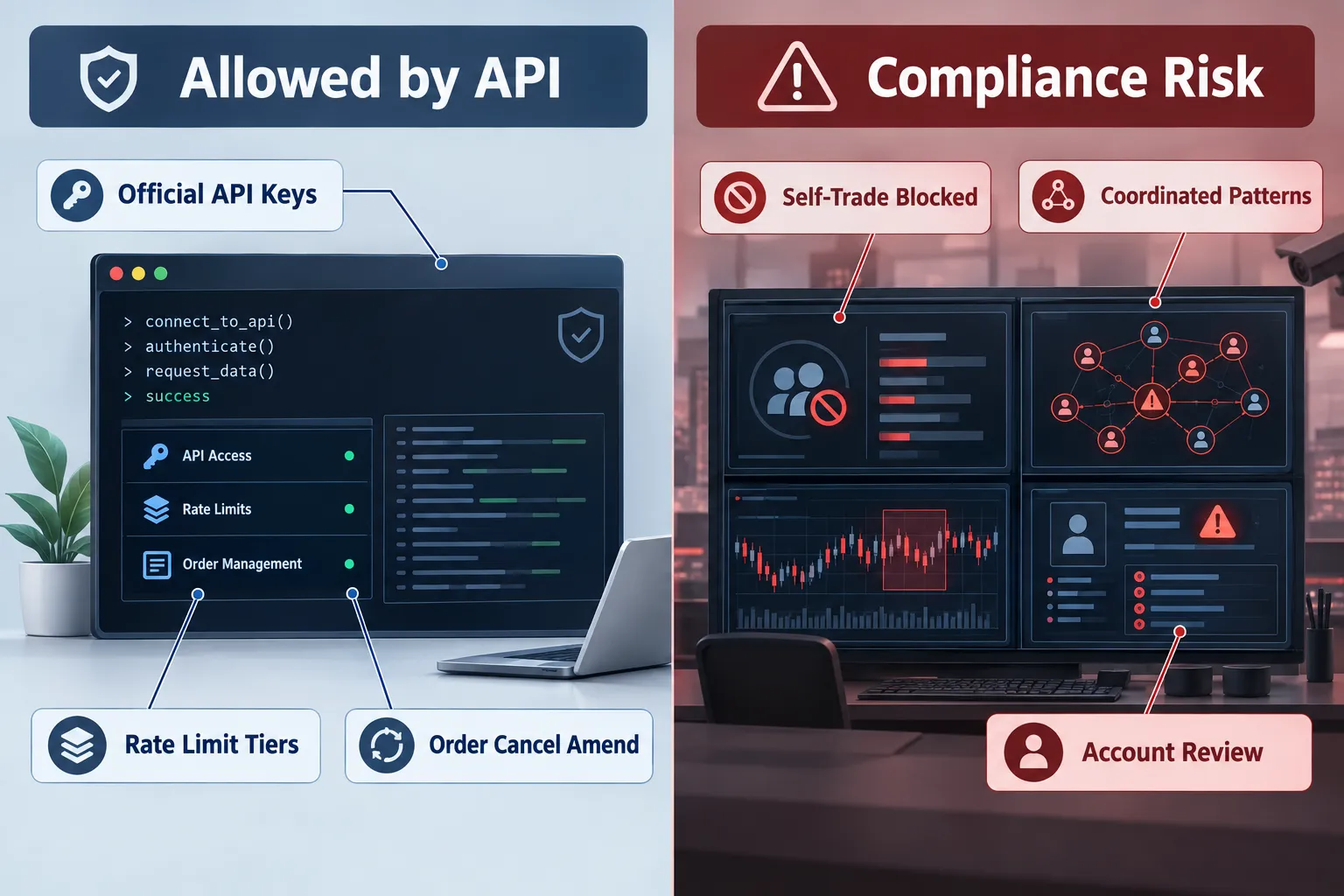 Split panel contrasting what the API allows, official keys, rate limit tiers and order cancel or amend, with compliance risks such as blocked self trades, coordinated patterns and account review