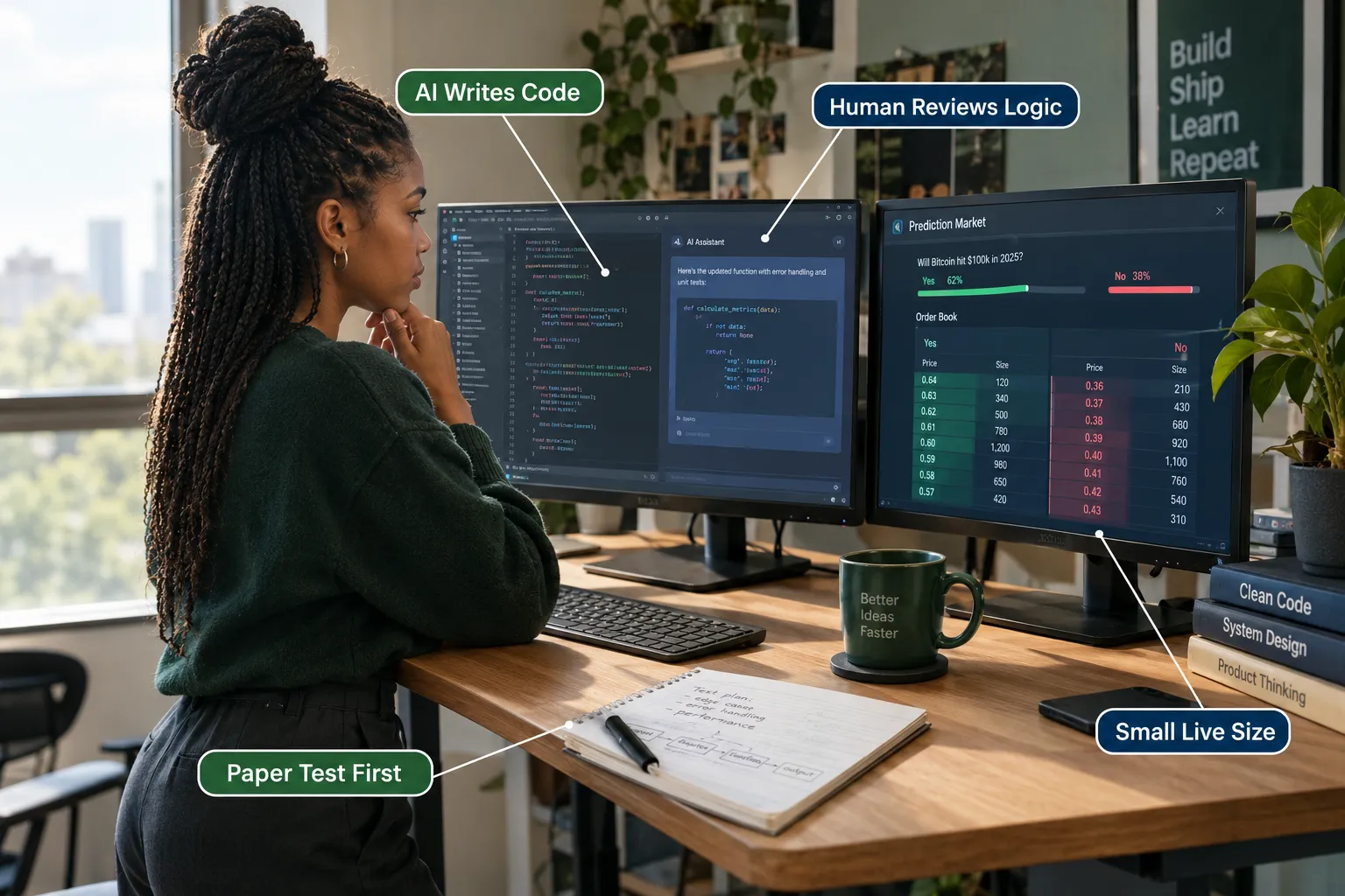 A trader at two monitors reviewing AI written bot code next to a prediction market order book, with labels for paper testing first and keeping live size small