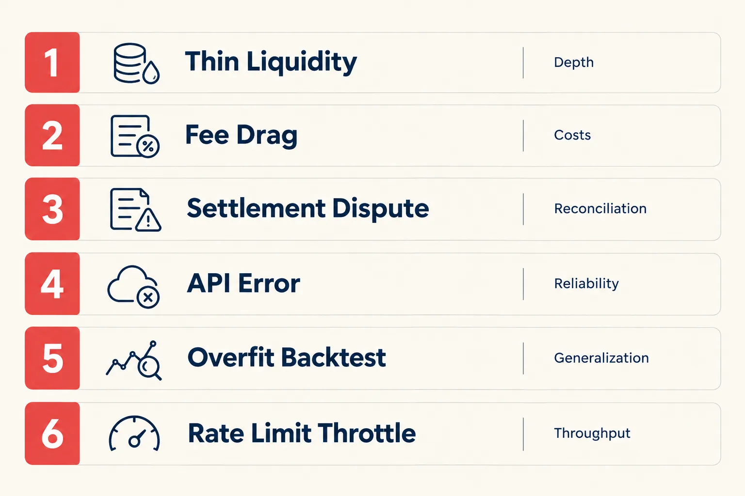 Numbered list of six risks for a prediction market bot: thin liquidity, fee drag, settlement dispute, API error, overfit backtest and rate limit throttle