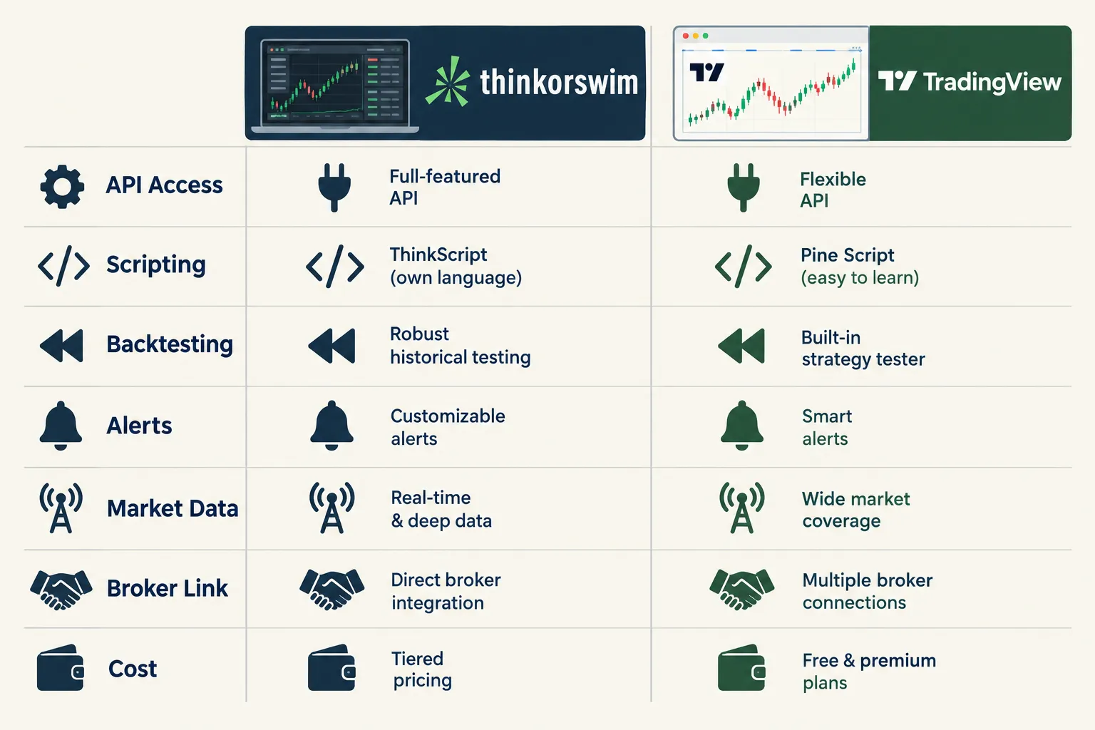 Side by side table comparing Thinkorswim and TradingView on API access, scripting language, backtesting, alerts, market data, broker links and cost