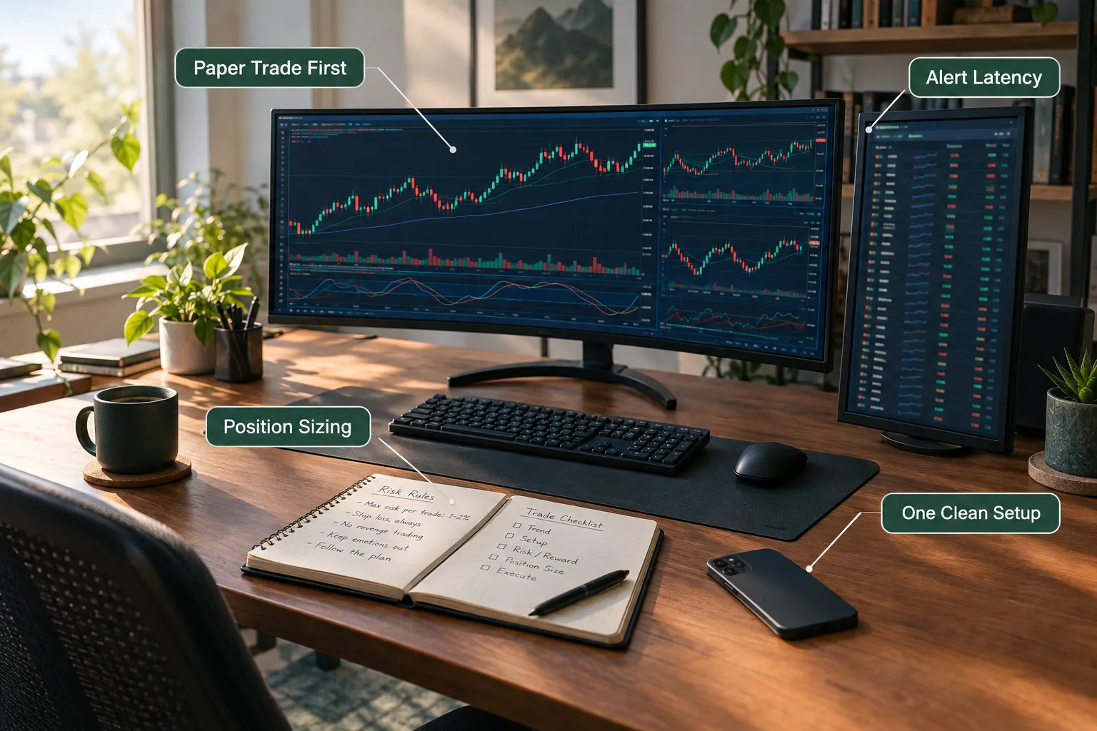 A curved monitor trading desk with a handwritten rules notebook, labelled for paper trading first, alert latency, position sizing and one clean setup