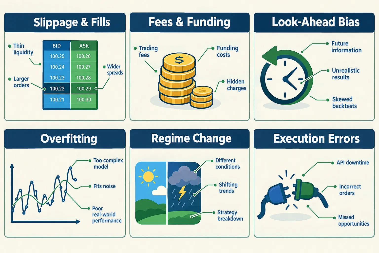 Six panel graphic of the reasons live bot results trail a backtest: slippage and fills, fees and funding, look ahead bias, overfitting, regime change and execution errors