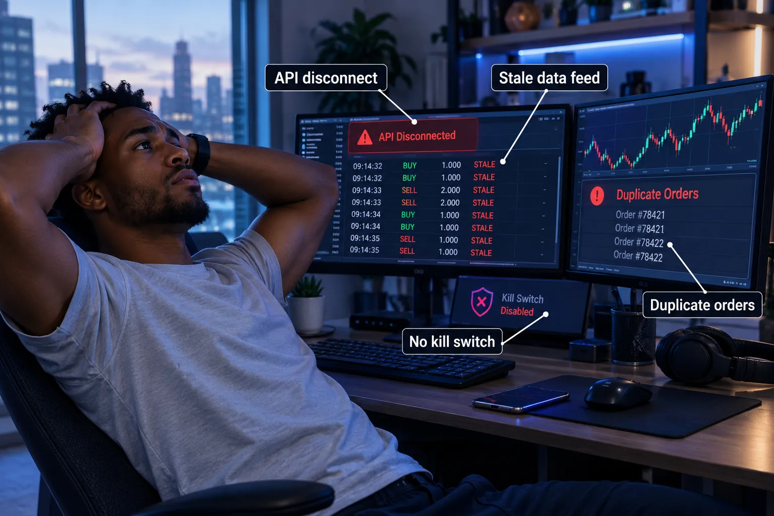 A trader with his hands on his head at night while his screens show an API disconnect, stale fills, duplicate orders and a disabled kill switch
