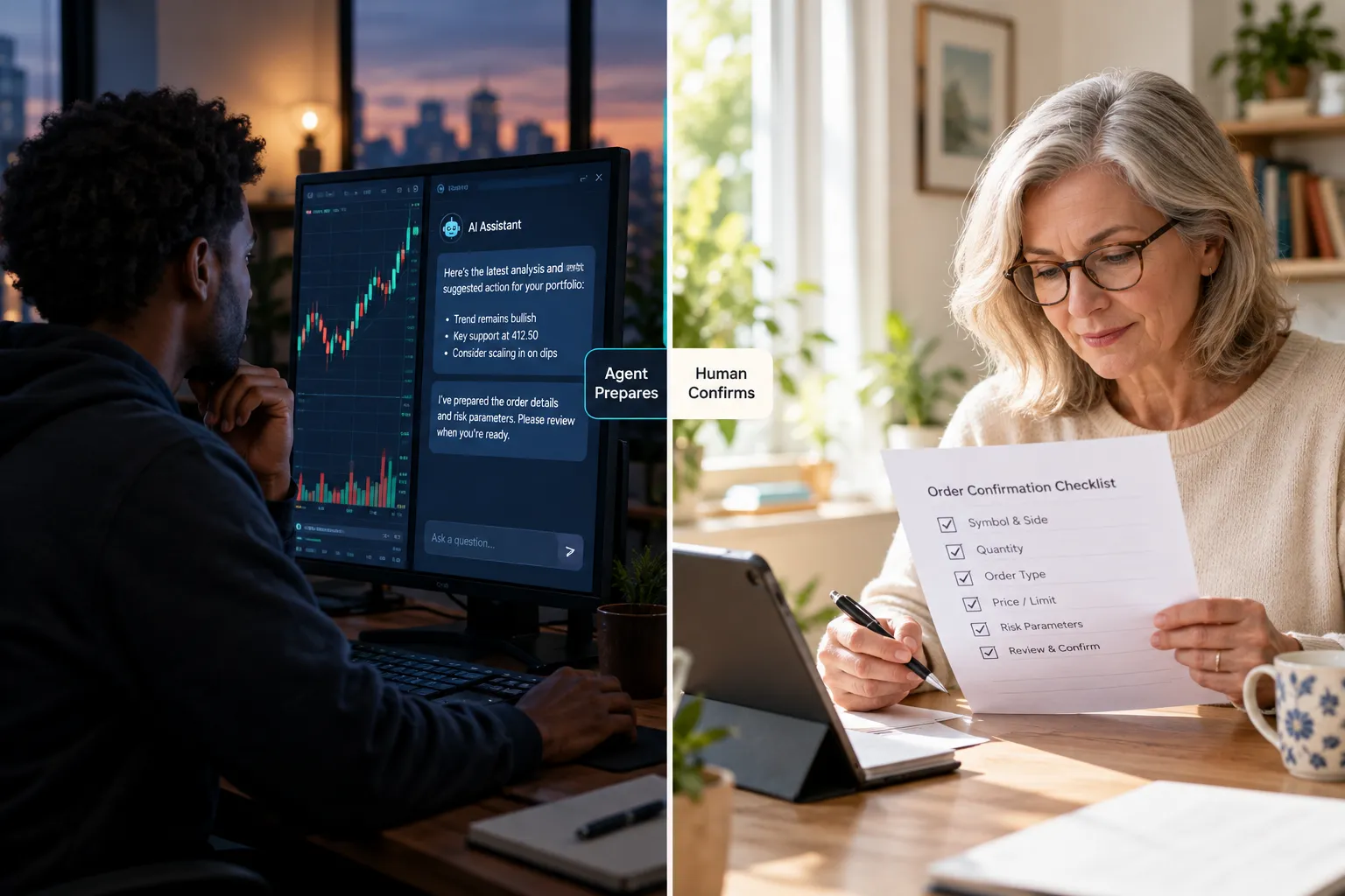 Split scene of a trader reading an AI assistant's proposed order on screen while a second person signs off on a printed order confirmation checklist