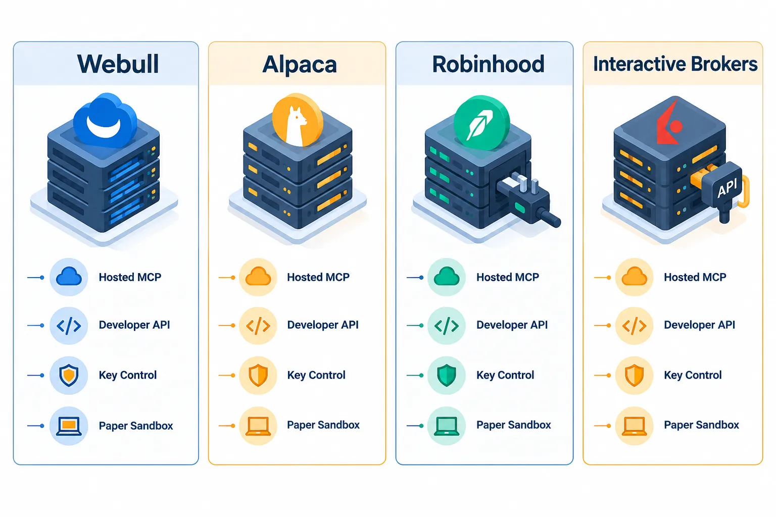 Four column comparison of Webull, Alpaca, Robinhood and Interactive Brokers across hosted MCP, developer API, key control and paper sandbox