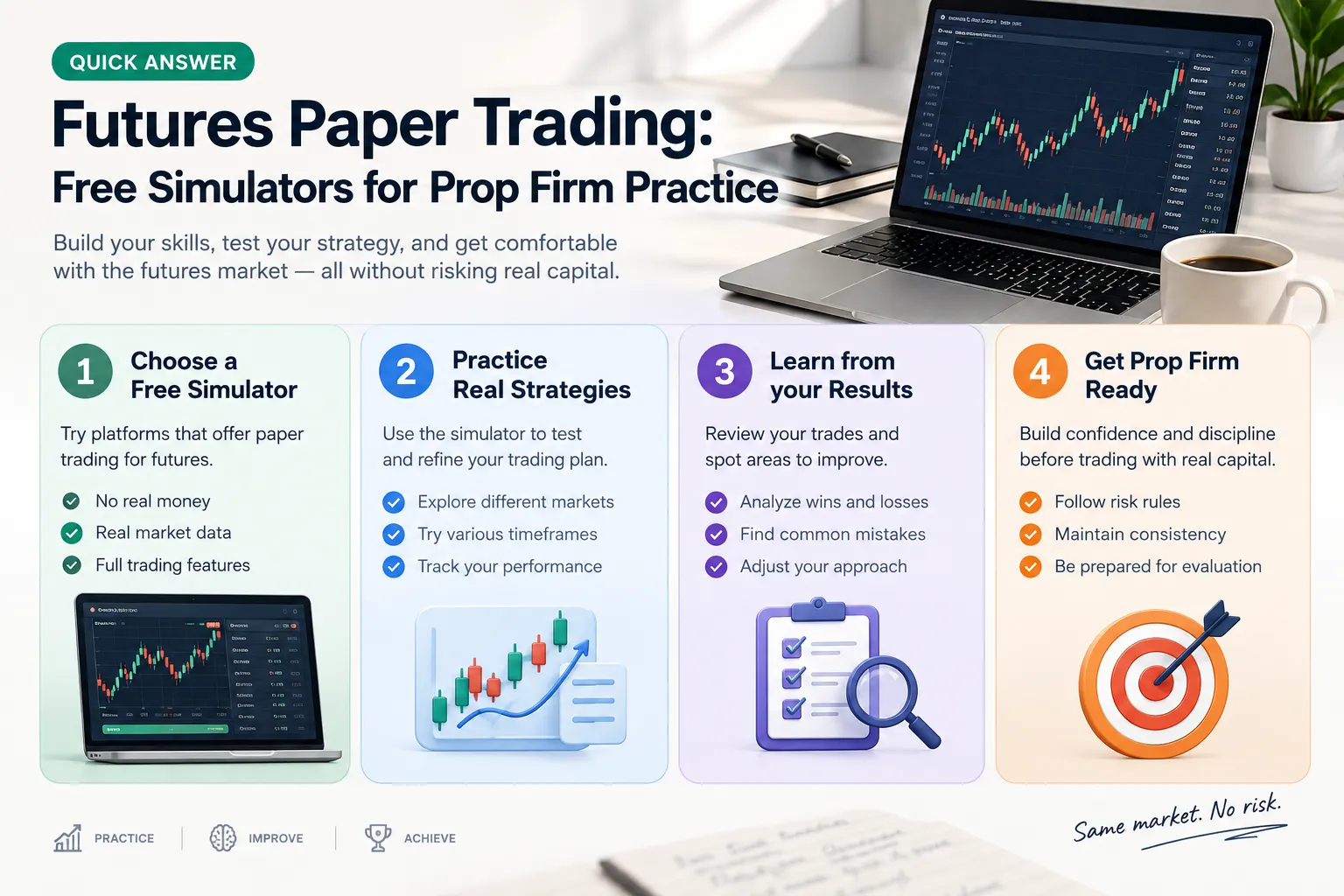 Four step card for futures paper trading: choose a free simulator, practice real strategies, learn from your results and get prop firm ready