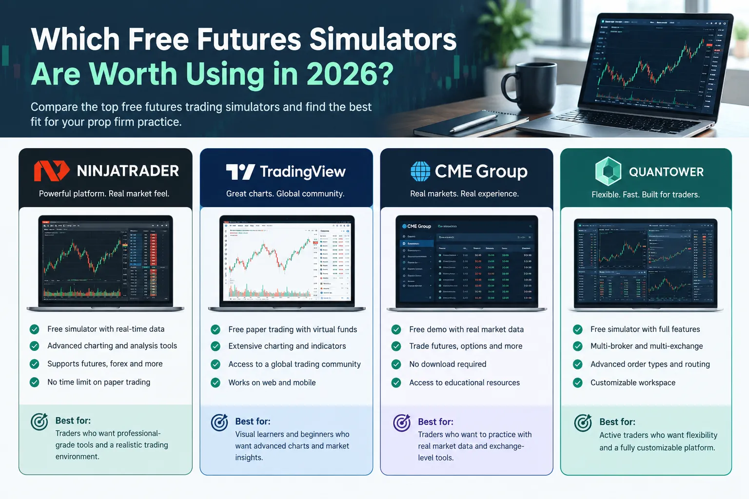 Comparison card of four free futures simulators, NinjaTrader, TradingView, CME Group and Quantower, each with a feature list and a best for line
