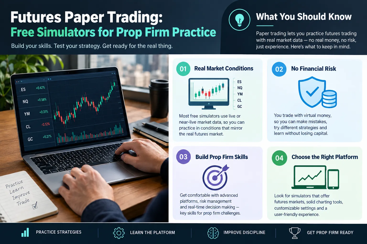 Explainer card showing a trader at a futures quote board with four points: real market conditions, no financial risk, building prop firm skills and choosing the right platform