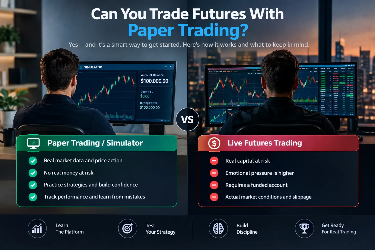 Two traders shown back to back, one on a simulator account funded with $100,000 of virtual cash and one trading live futures, with the differences listed underneath
