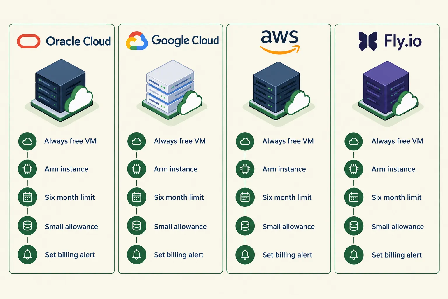 Four panel card naming Oracle Cloud, Google Cloud, AWS and Fly.io as free tier hosting options for a bot, each panel ending with a reminder to set a billing alert