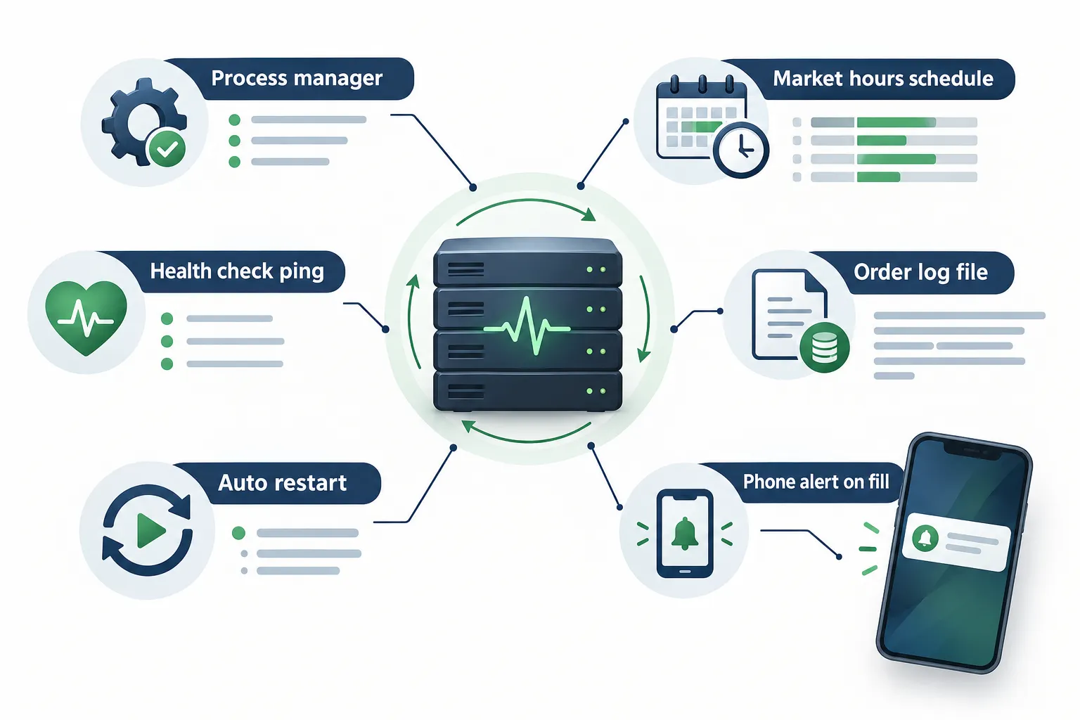 Hub diagram of a server ringed by the parts that keep a bot alive: process manager, market hours schedule, health check ping, order log file, auto restart and a phone alert on fill