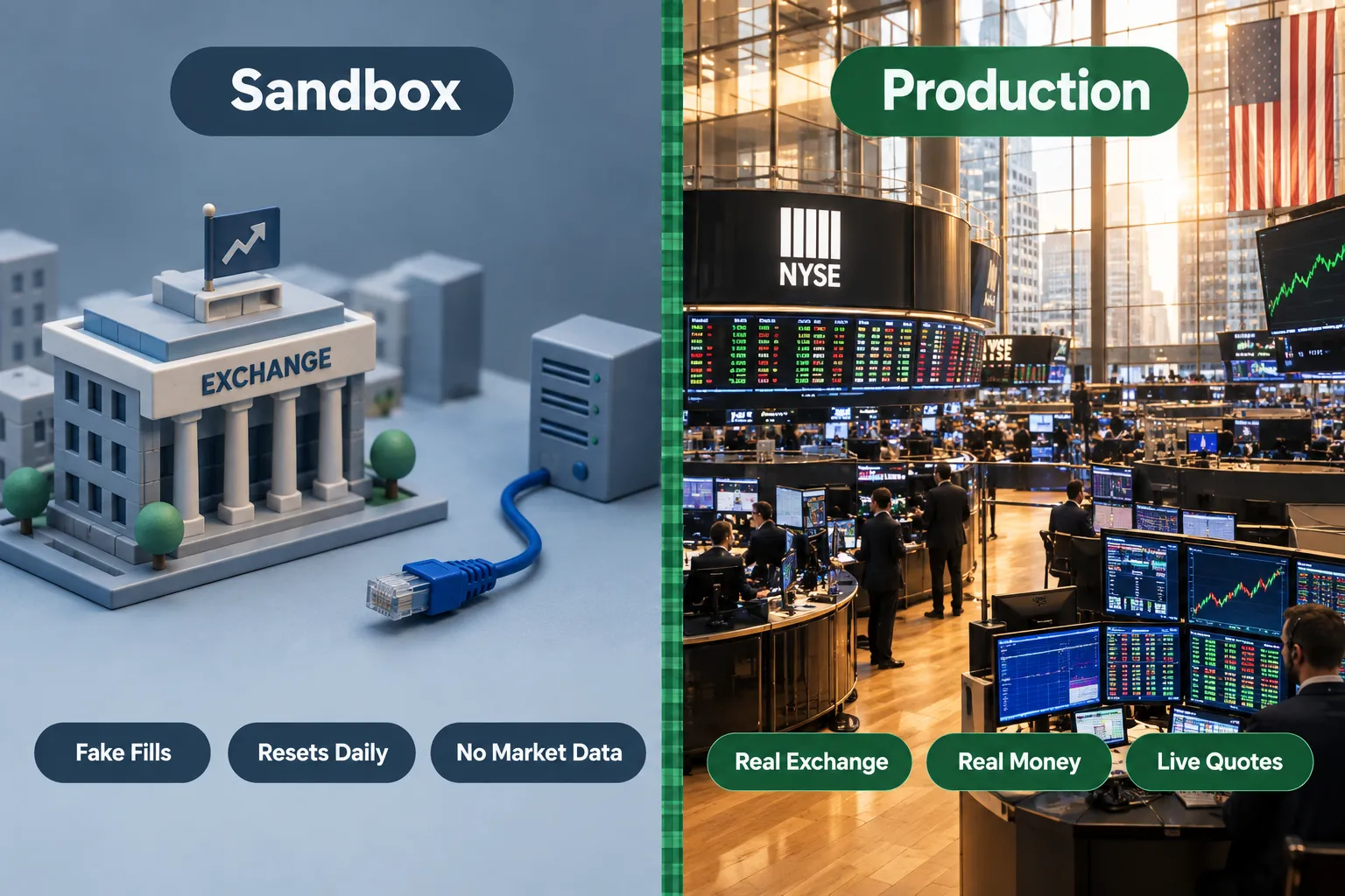 A split image contrasting a miniature model exchange labelled Sandbox, tagged fake fills, daily resets and no market data, against a real trading floor labelled Production with live quotes.