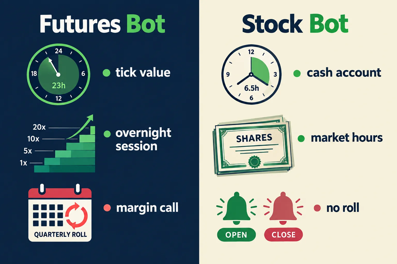 A side by side comparison of a futures bot and a stock bot, contrasting a 23 hour session, leverage and quarterly roll against a 6.5 hour session, a cash account and no expiry.