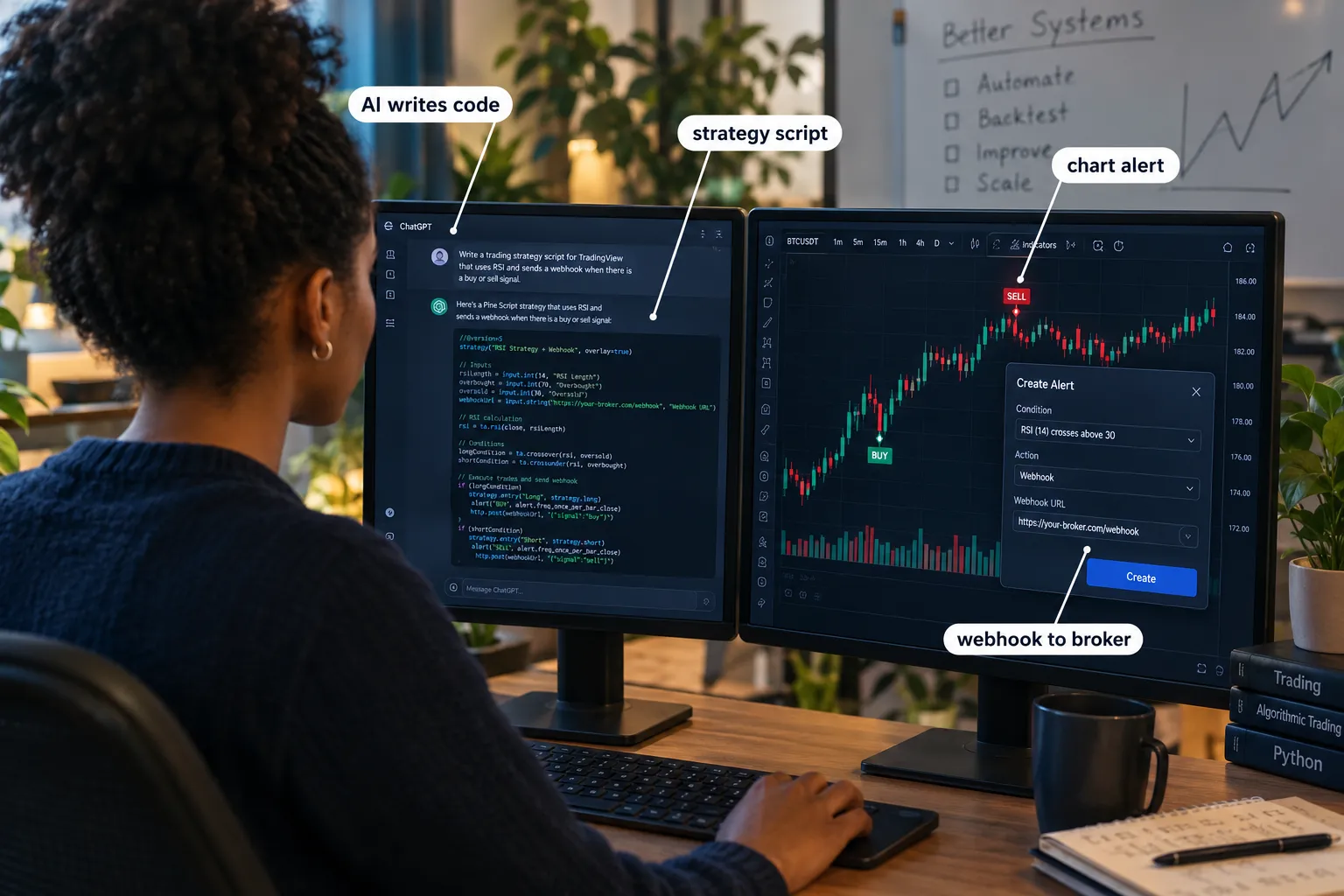 A trader at two monitors, with an AI chat writing a Pine Script strategy on the left and a TradingView chart with a create alert webhook dialog open on the right.