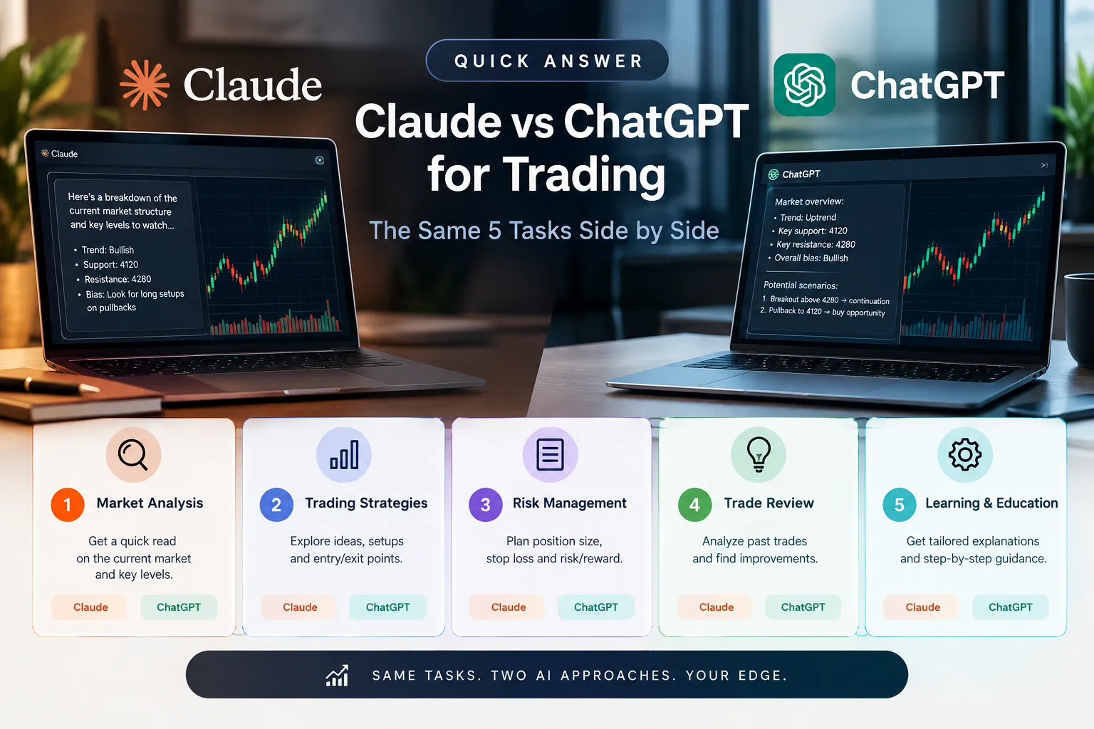 Two laptops running Claude and ChatGPT side by side above five task cards: market analysis, trading strategies, risk management, trade review and learning.