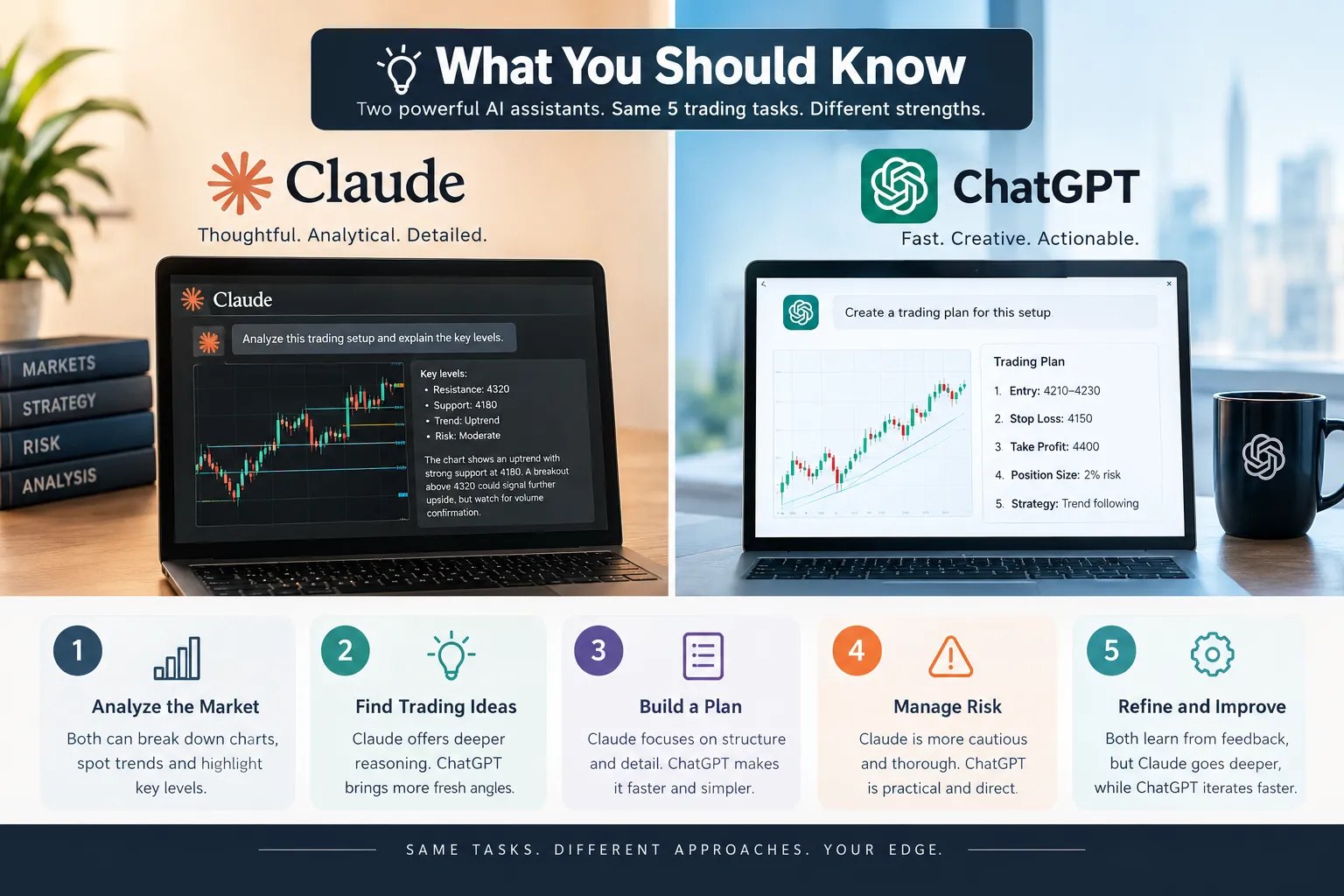 A two column panel describing Claude as thoughtful and analytical and ChatGPT as fast and actionable, with five steps underneath from analysing the market to refining the process.