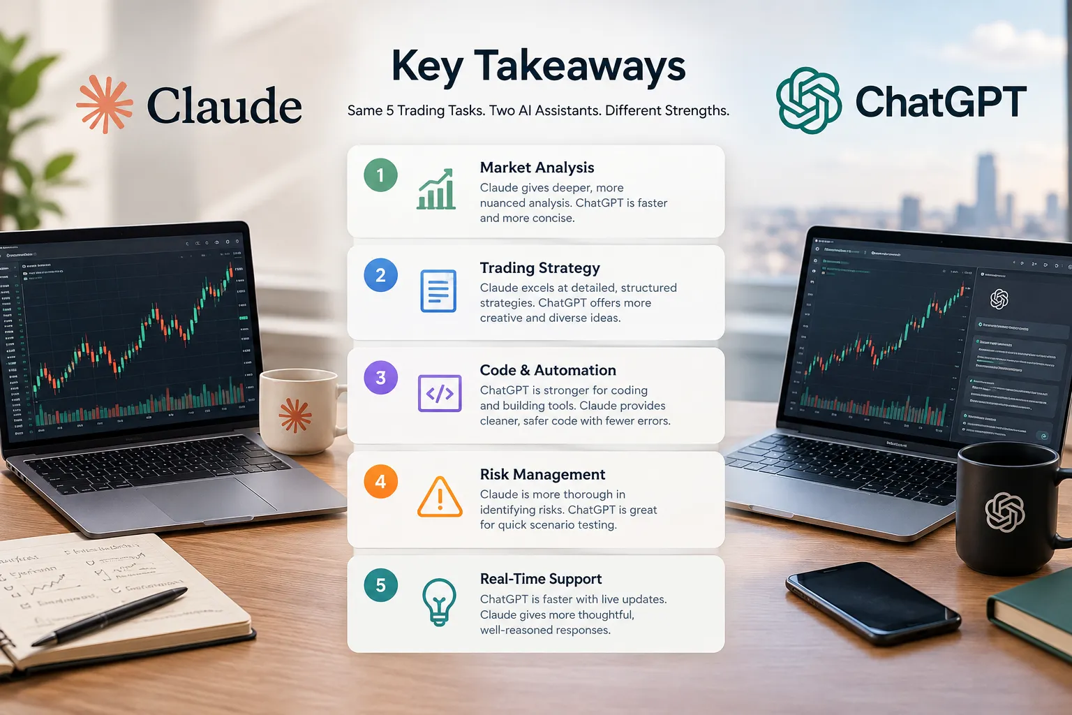 Five stacked takeaway cards comparing Claude and ChatGPT across market analysis, trading strategy, code and automation, risk management and real time support.