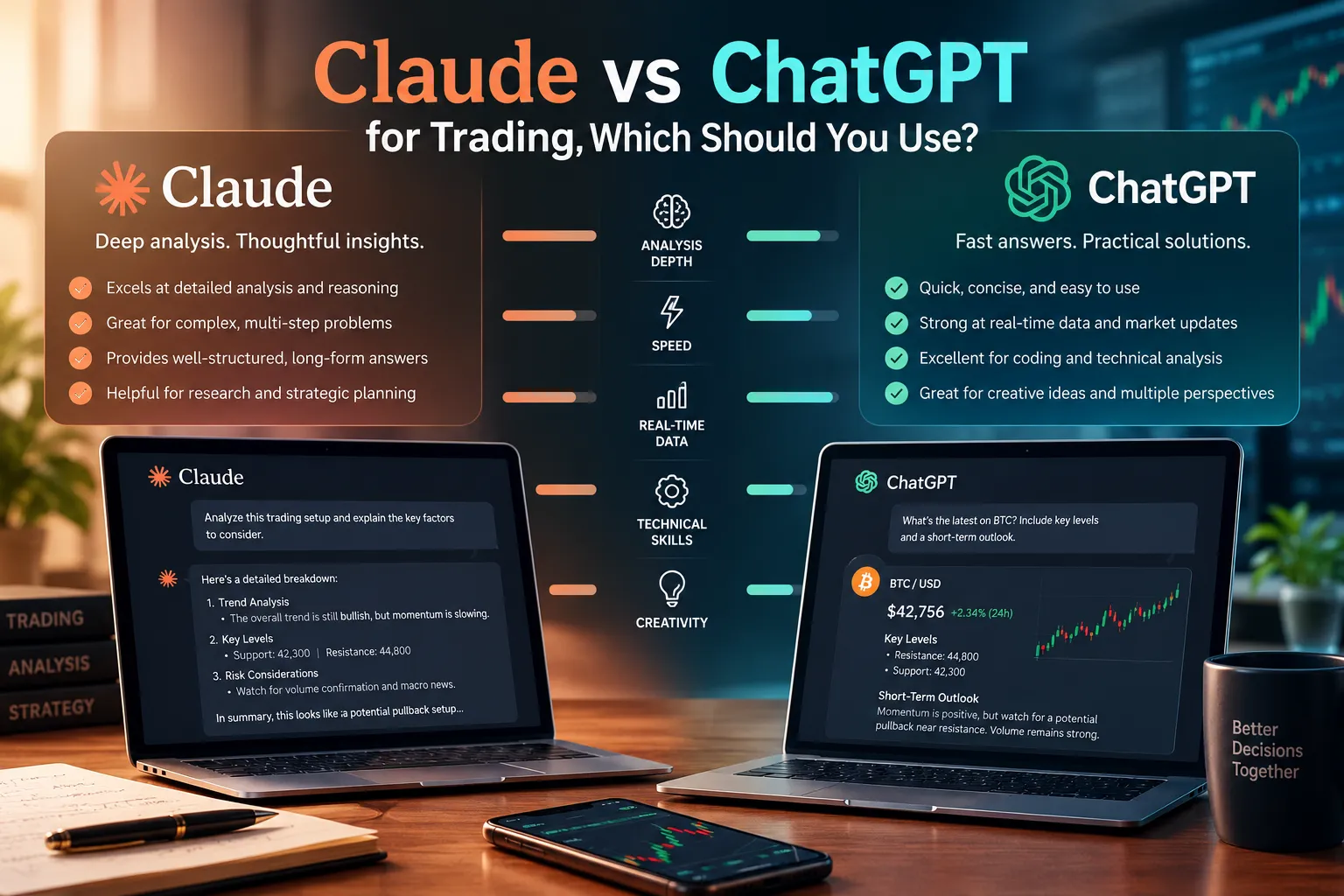 A comparison panel rating Claude and ChatGPT on analysis depth, speed, real time data, technical skills and creativity, with sample chat answers shown on two laptop screens.