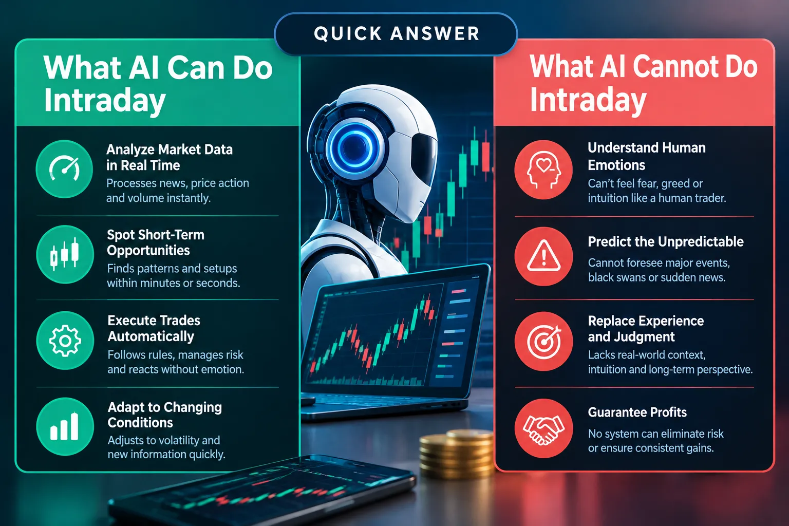 A green and red split panel listing what AI can do intraday, such as analysing data and executing rules, against what it cannot do, such as feeling emotion or foreseeing sudden shocks.