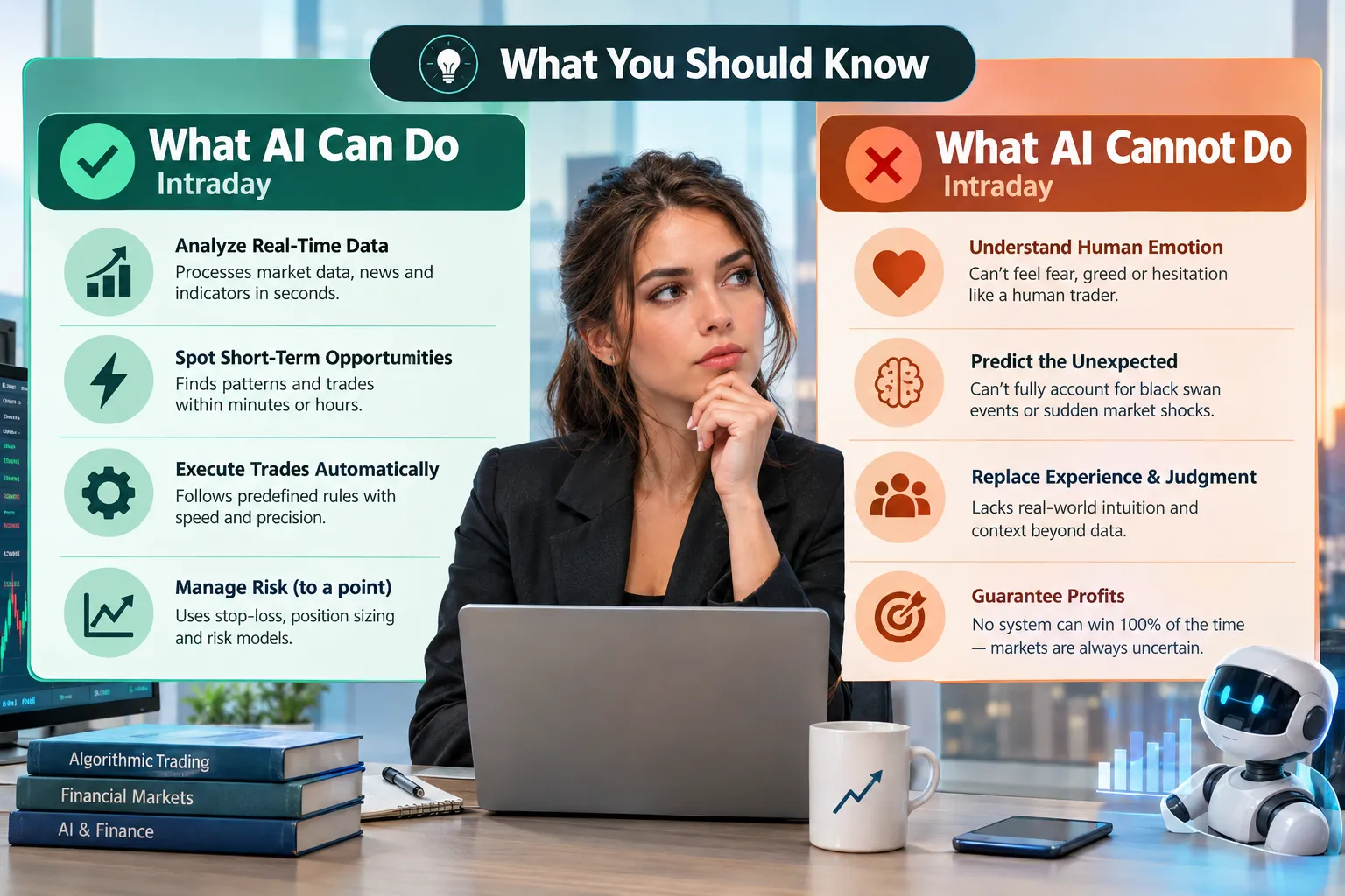 A trader seated between two floating panels, one listing what AI can do intraday and the other what it cannot, including that no system wins every time.