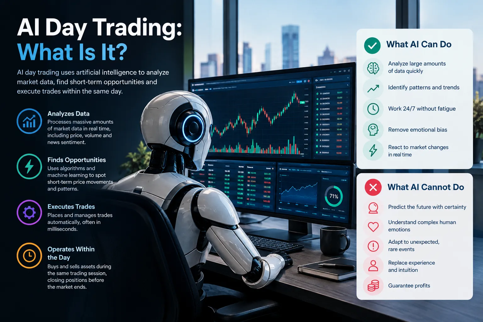 An explainer panel defining AI day trading, with four points on analysing data, finding opportunities, executing trades and closing positions within the same session.