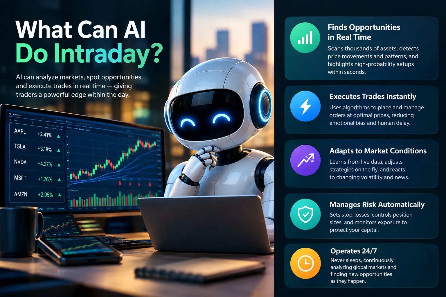 A panel listing five intraday AI capabilities beside a sample watchlist and candlestick chart, covering scanning, order execution, adapting to conditions, risk controls and running around the clock.