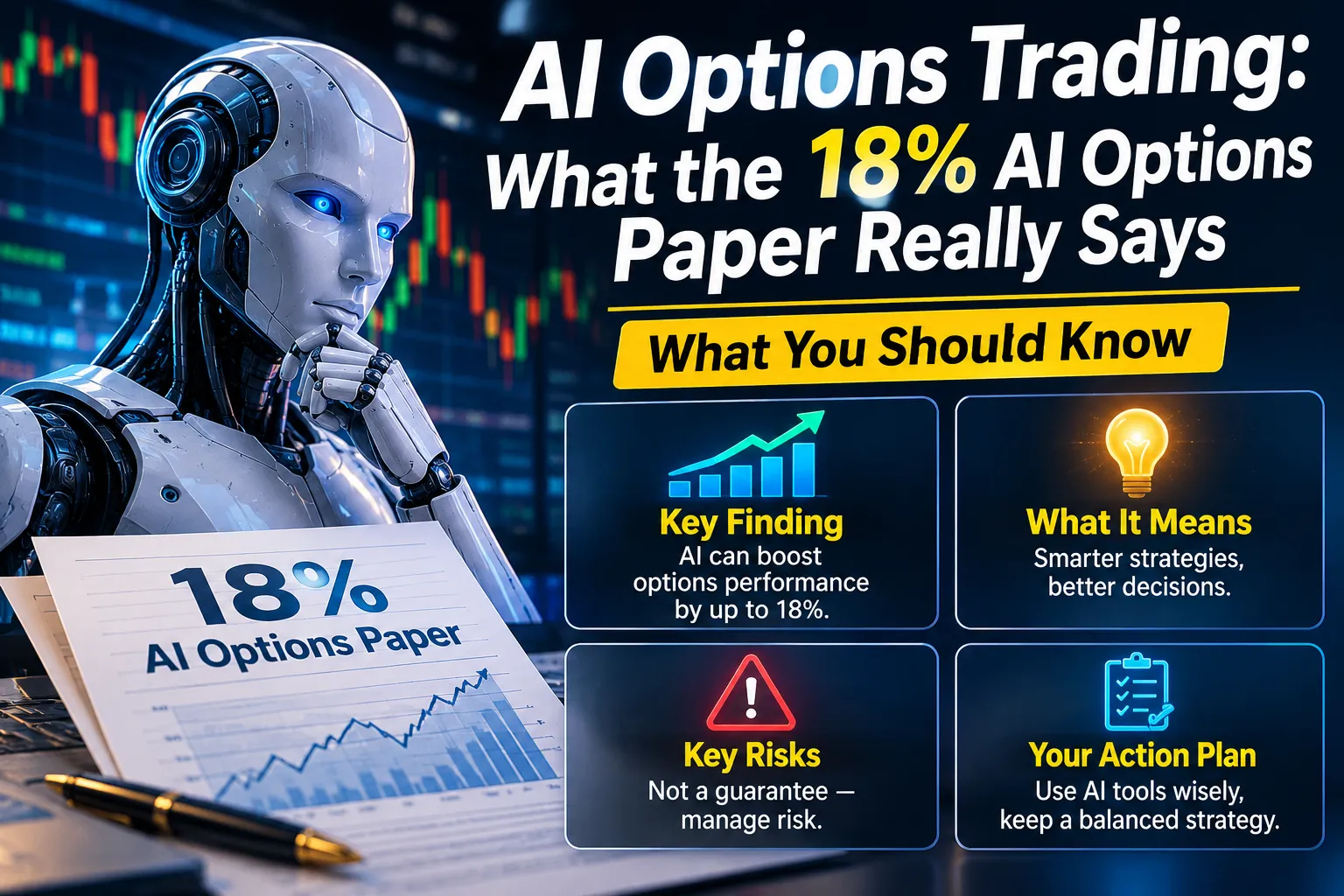 A headline graphic for the article showing a robot holding a paper marked 18 percent, beside four panels labelled key finding, what it means, key risks and your action plan.