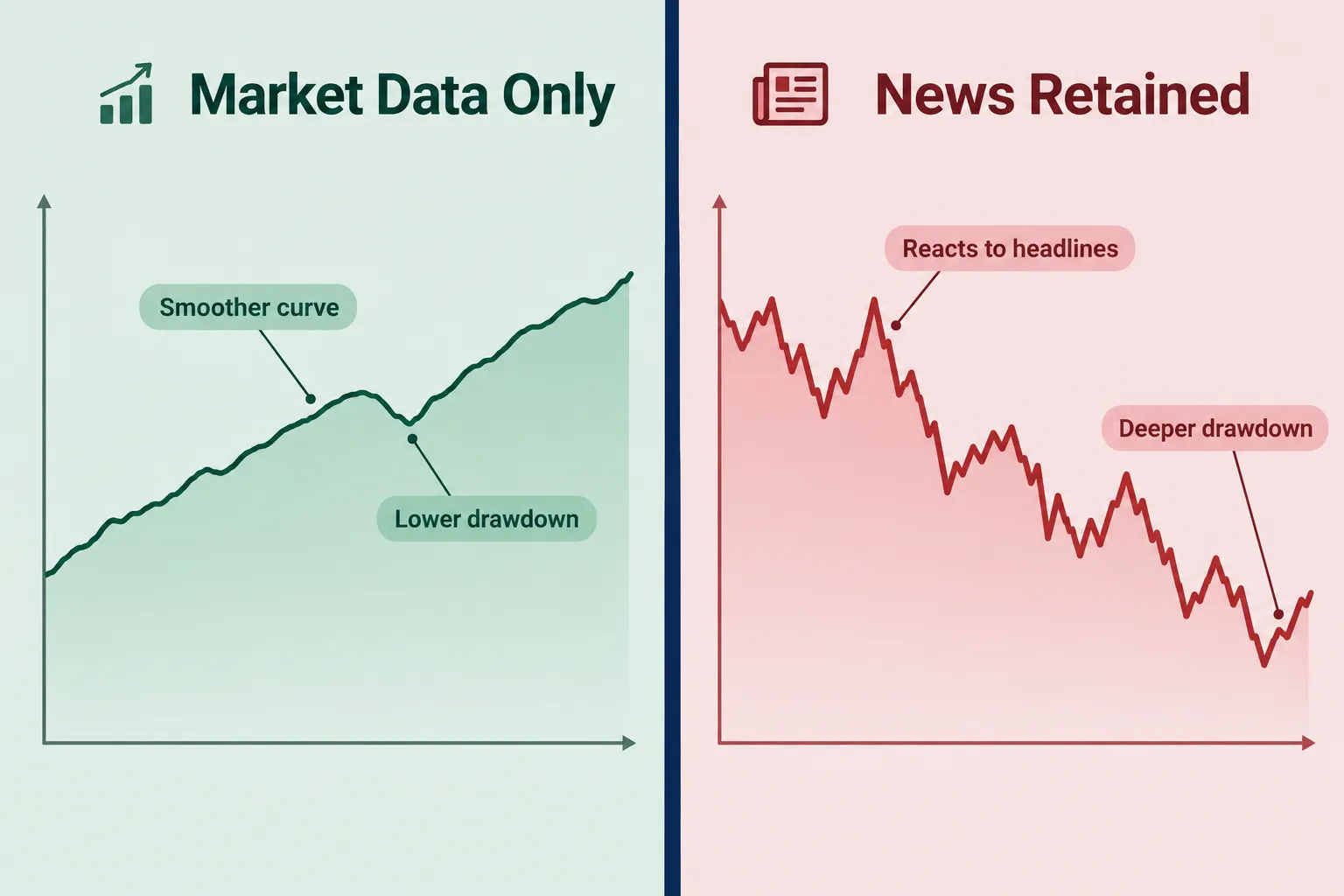 Two equity curves side by side, a smoother rising green line labelled market data only and a falling jagged red line labelled news retained with a deeper drawdown.