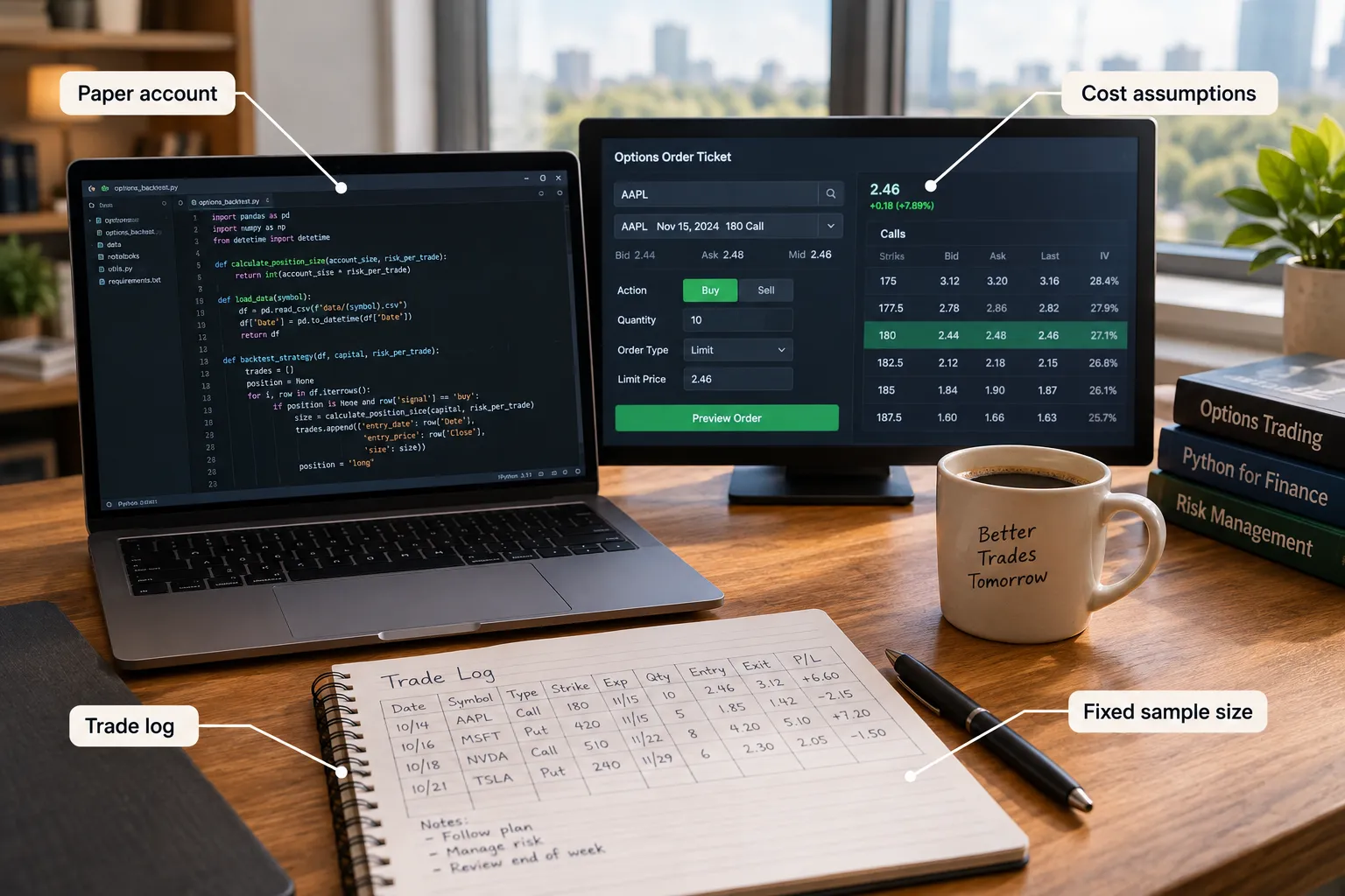 A desk with a Python backtest script on a laptop, an options order ticket on a monitor, and a handwritten trade log listing dates, strikes, entries, exits and profit or loss.
