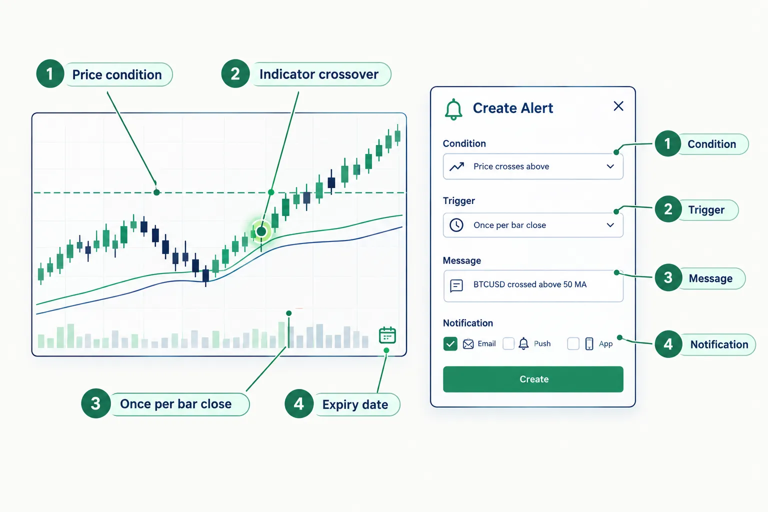 An annotated TradingView create alert dialog beside a candlestick chart, labelling the price condition, the indicator crossover, the once per bar close trigger, the message field and the notification options.