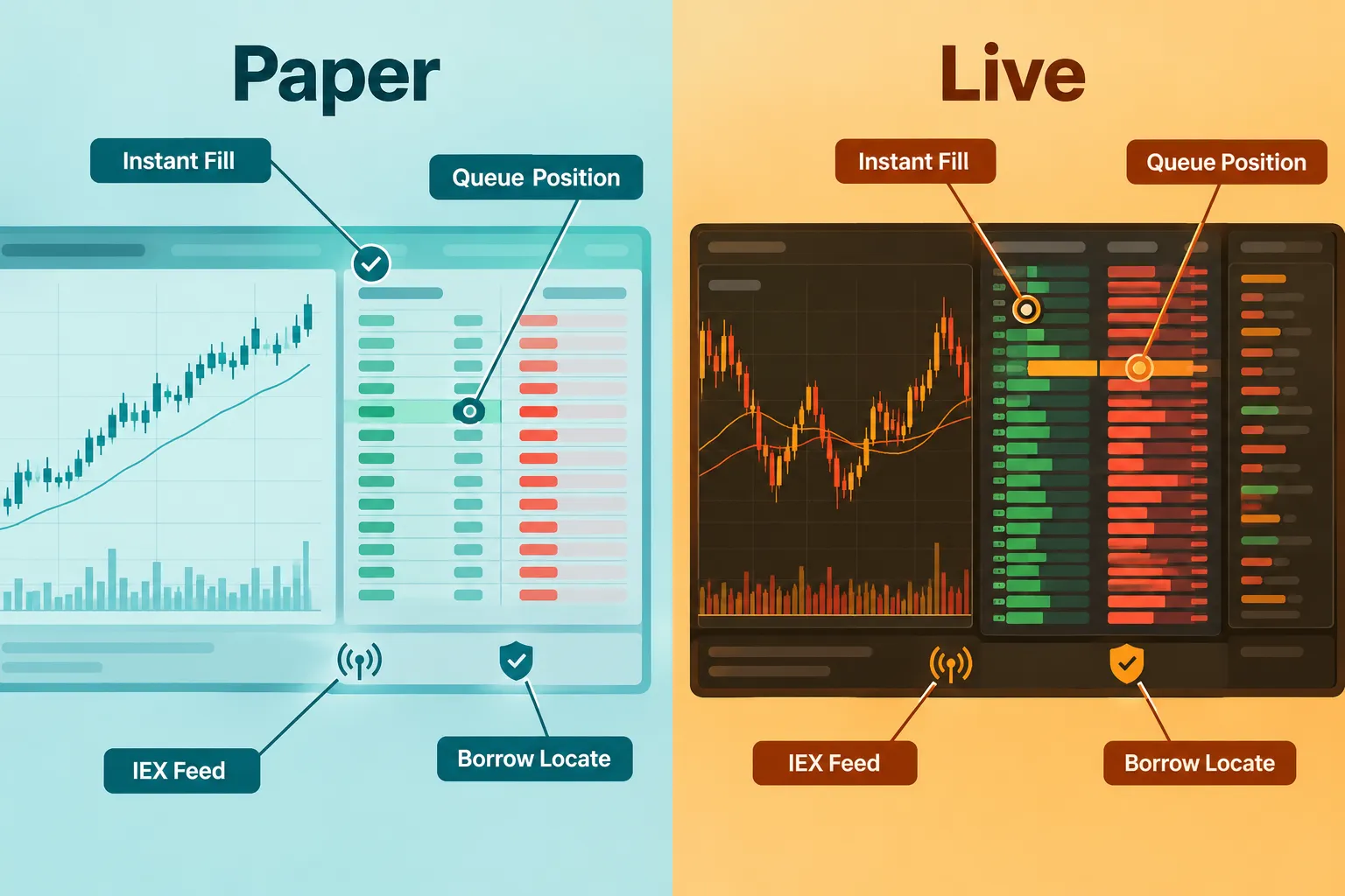 A split panel compares a calm blue paper account with an amber live account, labelling instant fill, queue position, IEX feed and borrow locate on each side.